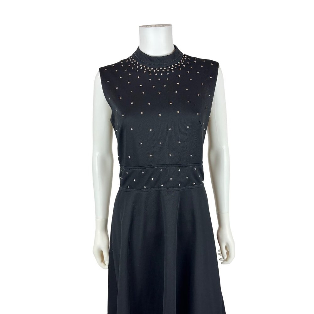 Vintage 70s Cocktail Dress Womens Medium Black Knit Silver Rhinestone Dolly Part - Picture 3 of 11